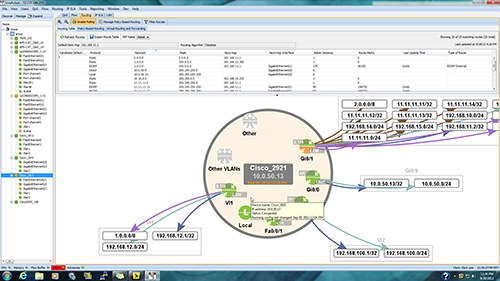 Device-level view displays the entire route table in both tabular form (upper portion) and graphically (lower portion).